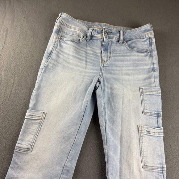 American Eagle Jeans Women's 8 Blue Kick Boot Cargo Pockets Light Wash Whiskered - Picture 6 of 14